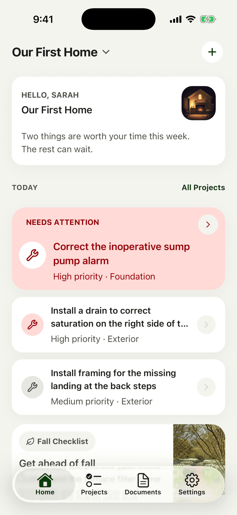 The Roots app home screen, showing this week's priorities for a first home