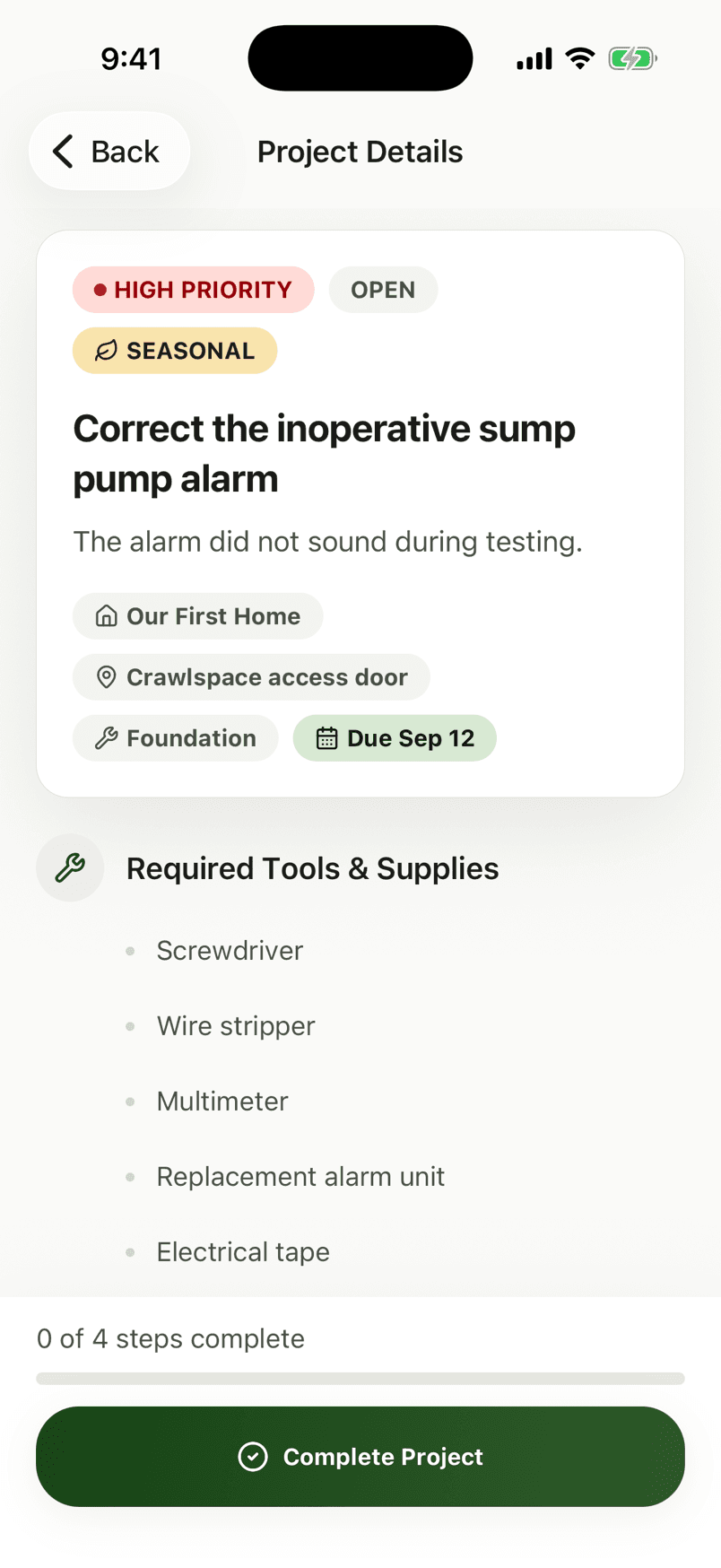 A Roots project screen, showing an inspection finding with its step-by-step plan